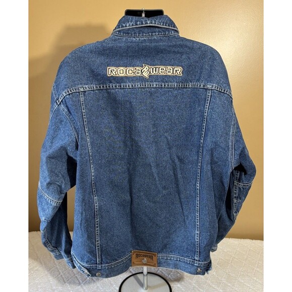 Vtg Rocawear Denim Jacket 2 Sided Embroidered Patch Logo Multiple Pockets 2XL - Picture 1 of 16